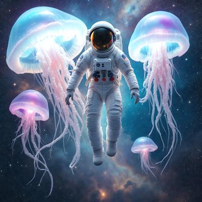 The primary subject of the image is a man in a white space suit, floating in the air. The setting is a space environment, with a backdrop of a blue sky and a few purple and pink jellyfish. The visual style is digital art, with the man and the jellyfish appearing as 3D models. The colors and mood of the image are vibrant and lively, with the blue sky and the bright colors of the jellyfish creating a sense of wonder and adventure.